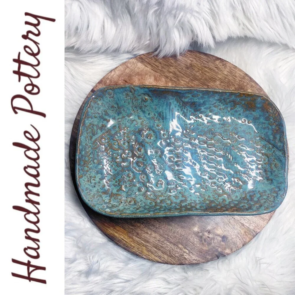 HANDMADE ARTISAN FOOTED TURQUOISE BROWNSTONE‎ TRAY Rectangular Glazed